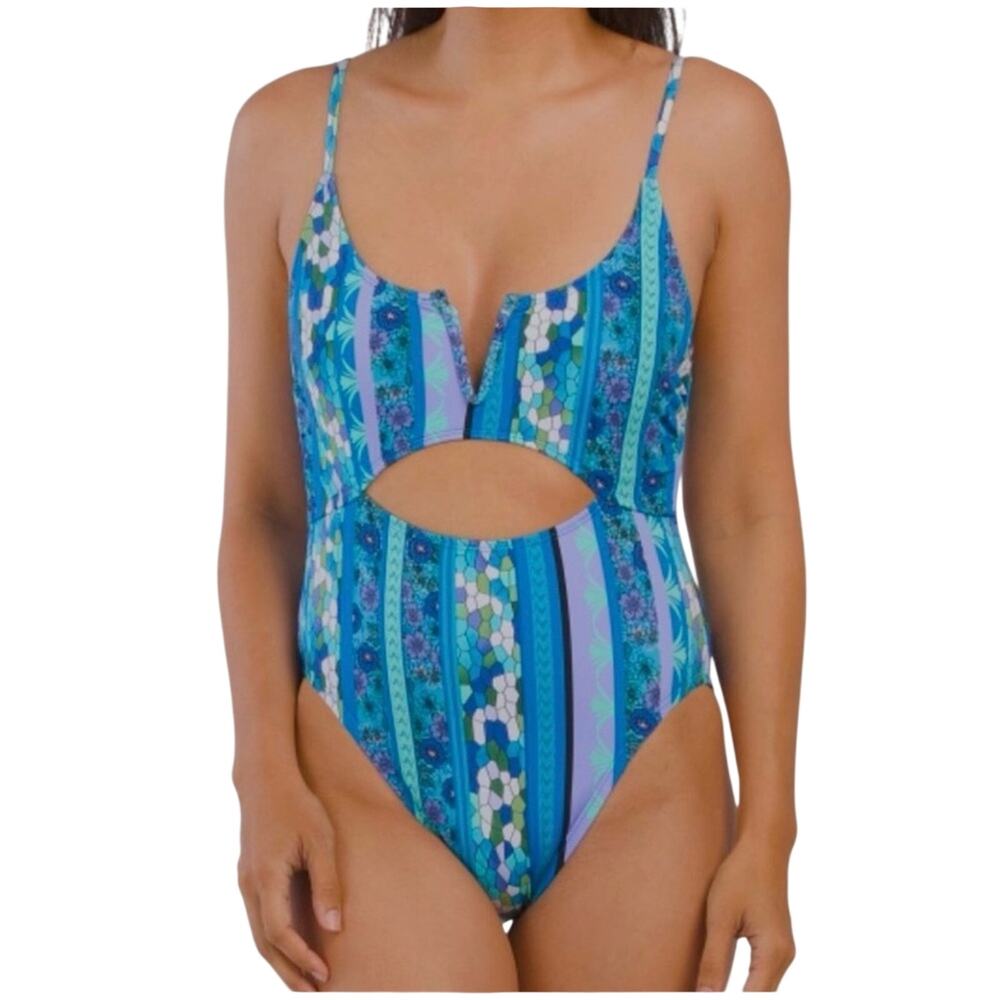 NWT Lucky Brand V-Neck Mixed Media Multi Print Cut Out One Piece Swimsuit Size L - Picture 5 of 13